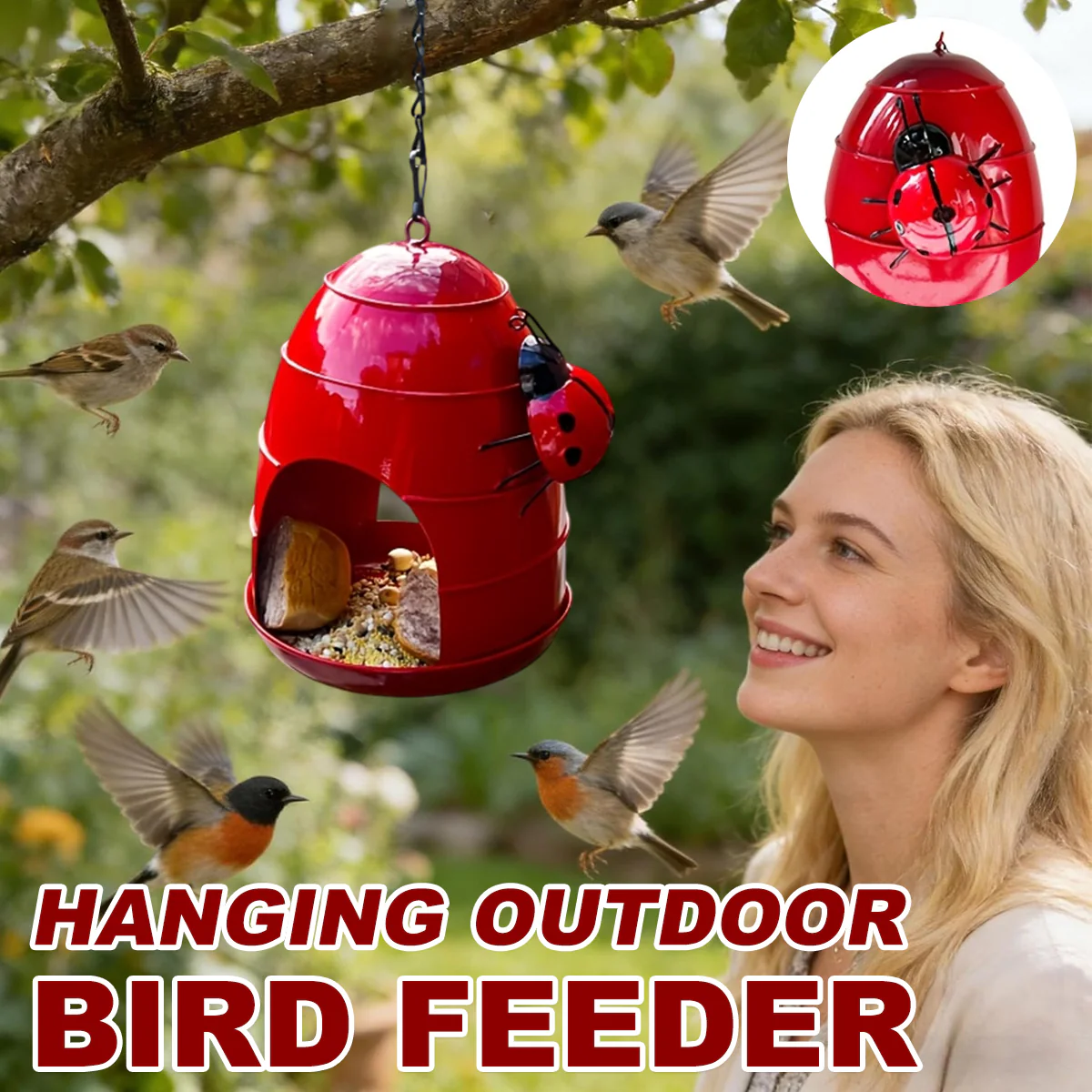Hanging Outdoor Bird Feeder With Ladybug Design