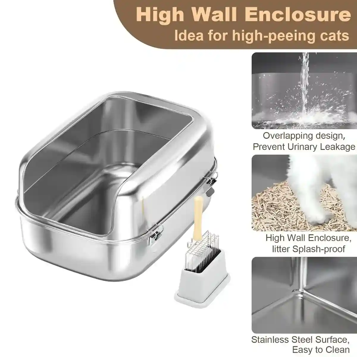 High-Wall Stainless Steel Cat Litter Box With Scoop - Image 3