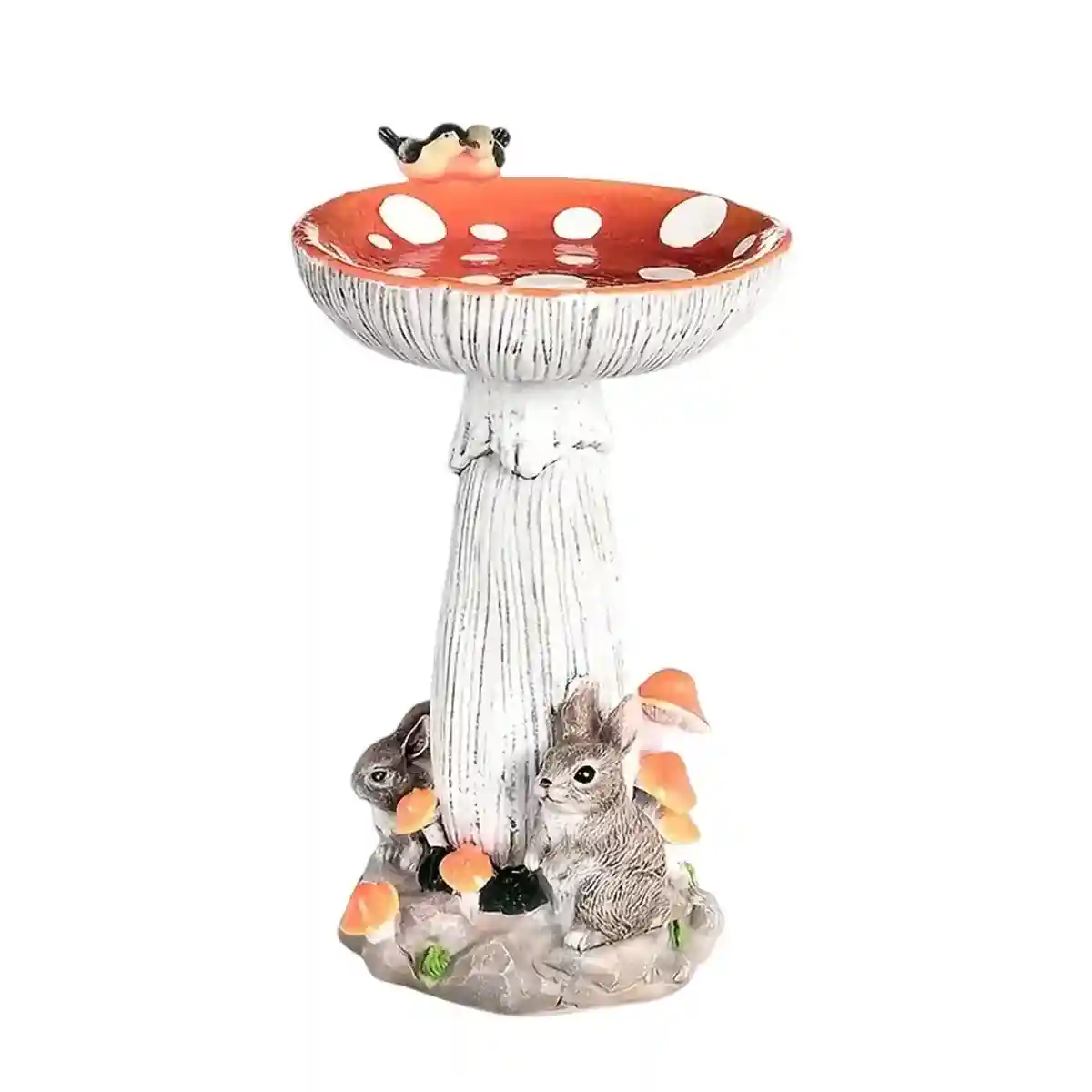 Mushroom Bird Feeder Garden Ornament with Rabbit Figurines - Image 2