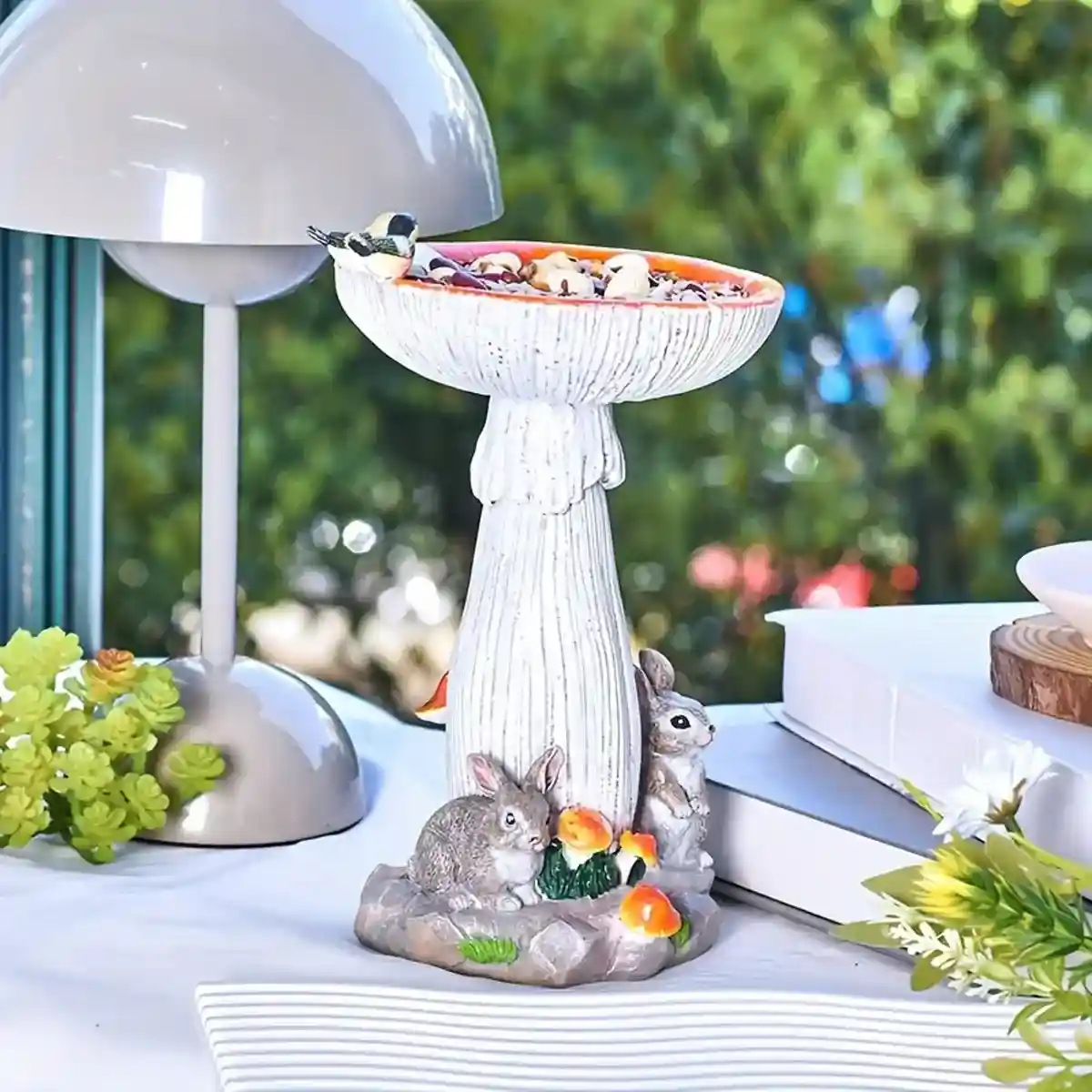 Mushroom Bird Feeder Garden Ornament with Rabbit Figurines - Image 6