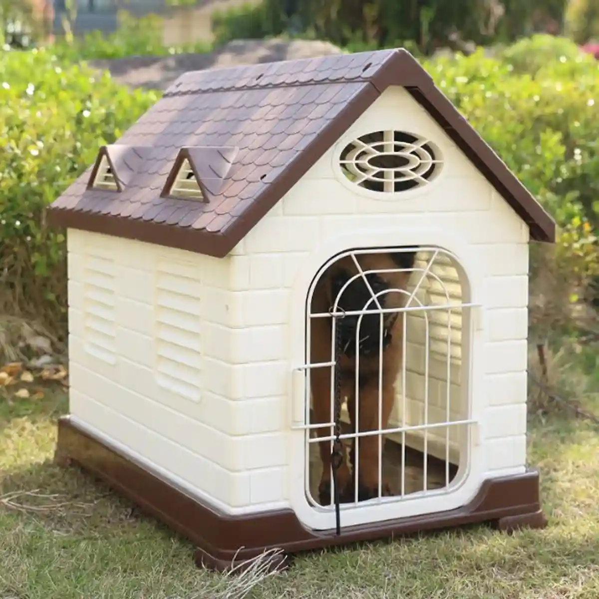 Outdoor Plastic Dog House with Ventilation and Iron Gate - Image 11