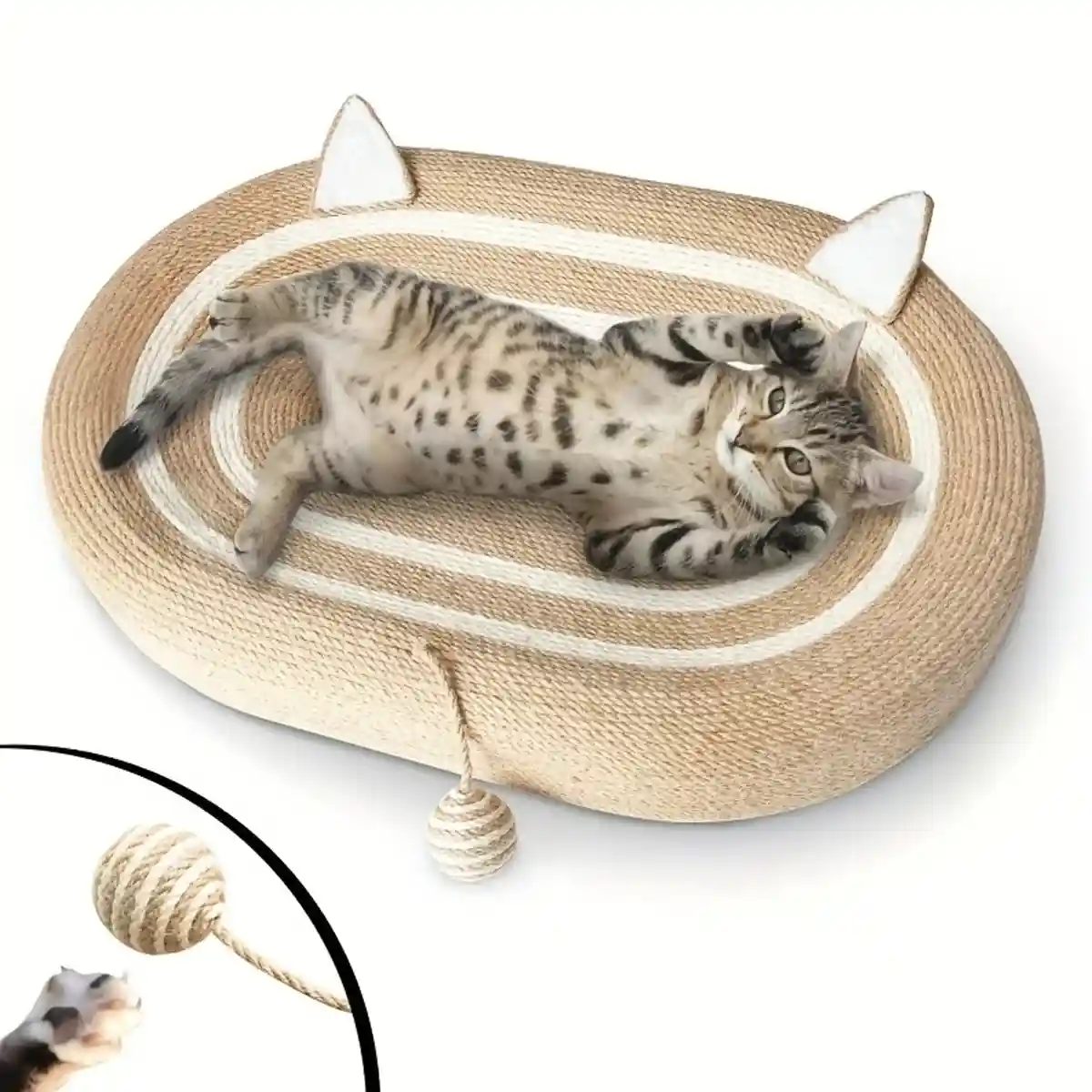 Oval Sisal Cat Scratching Bed with Ball Toy and Ears Design - Image 16