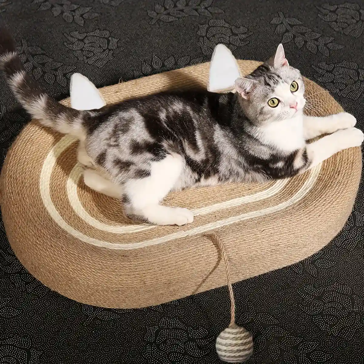 Oval Sisal Cat Scratching Bed with Ball Toy and Ears Design - Image 3