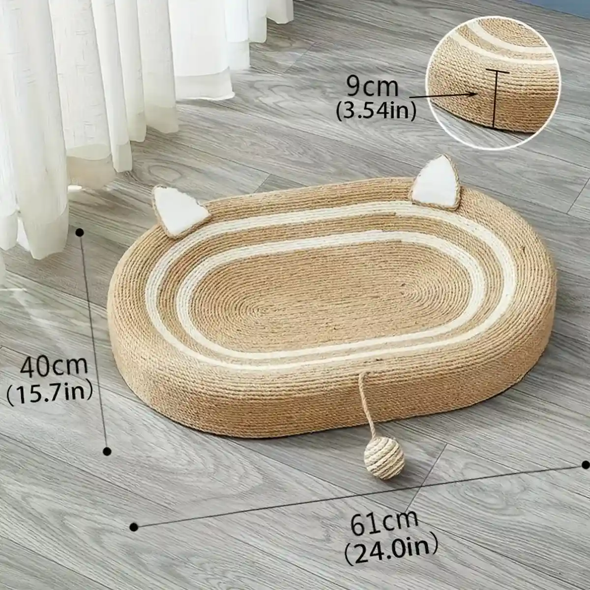 Oval Sisal Cat Scratching Bed with Ball Toy and Ears Design - Image 6