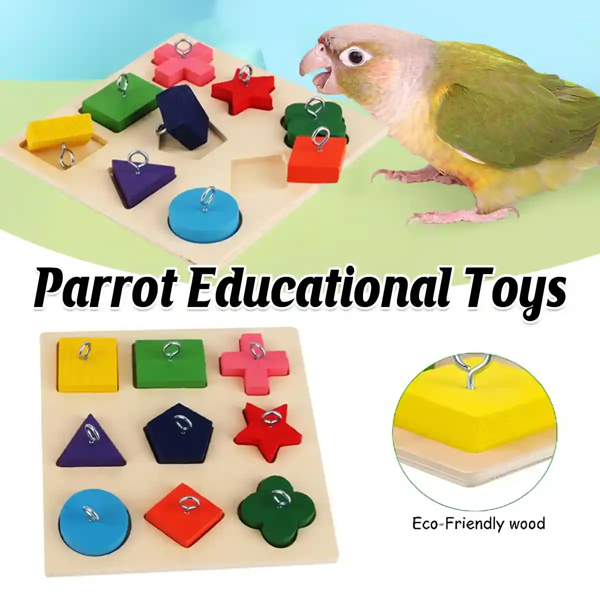 Parrot Training Toy Educational Clock Design with Wooden Blocks for Play