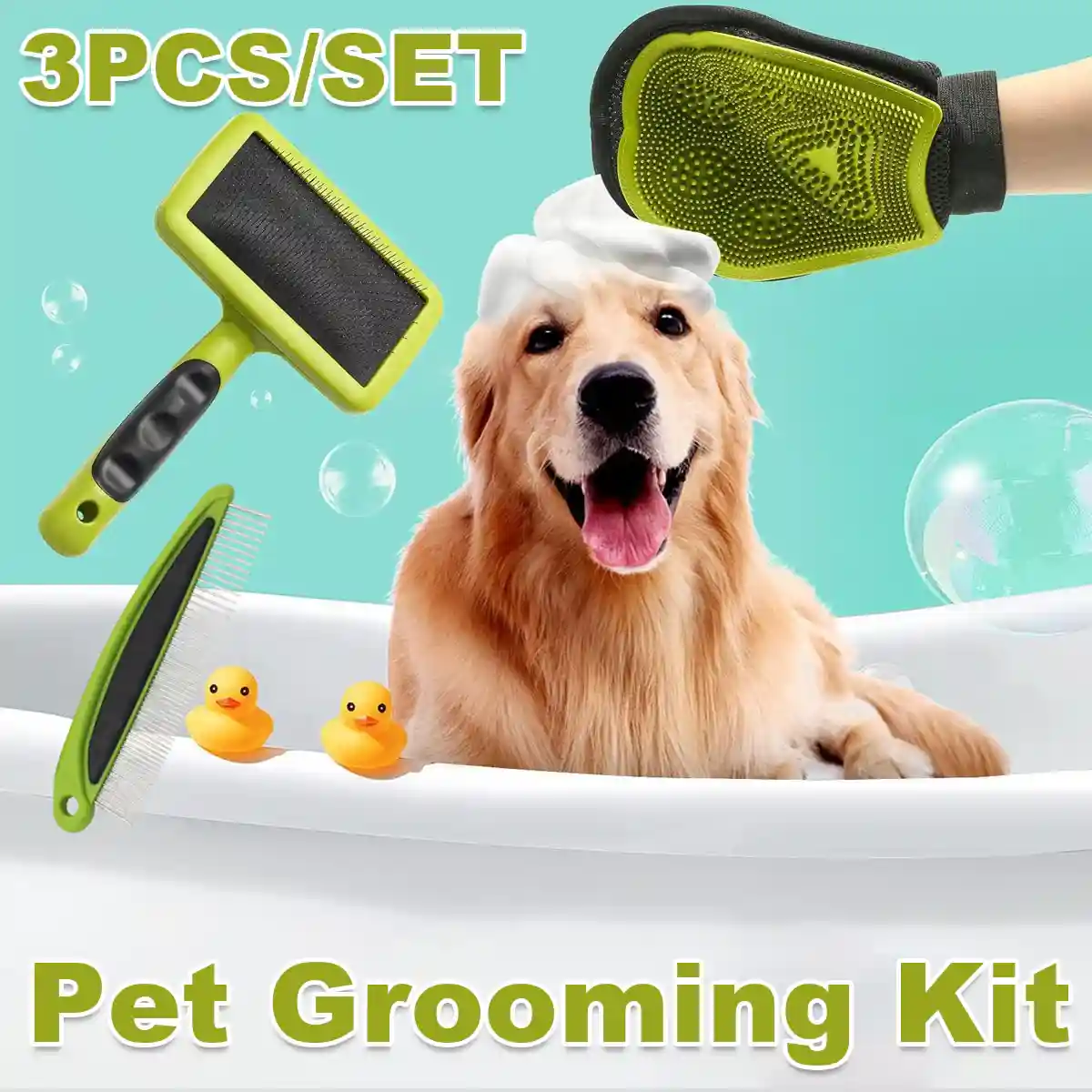 Pet Grooming Kit 3-Piece Set with Self-Cleaning Brush Comb & Bath Glove - Image 2