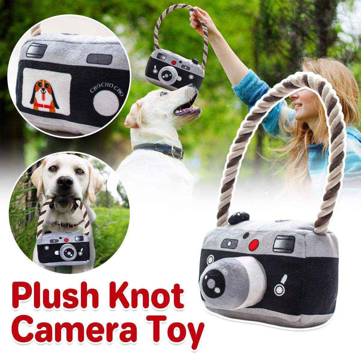 Fun Camera-Shaped Plush Dog Toy with Rope Handle for Interactive Play