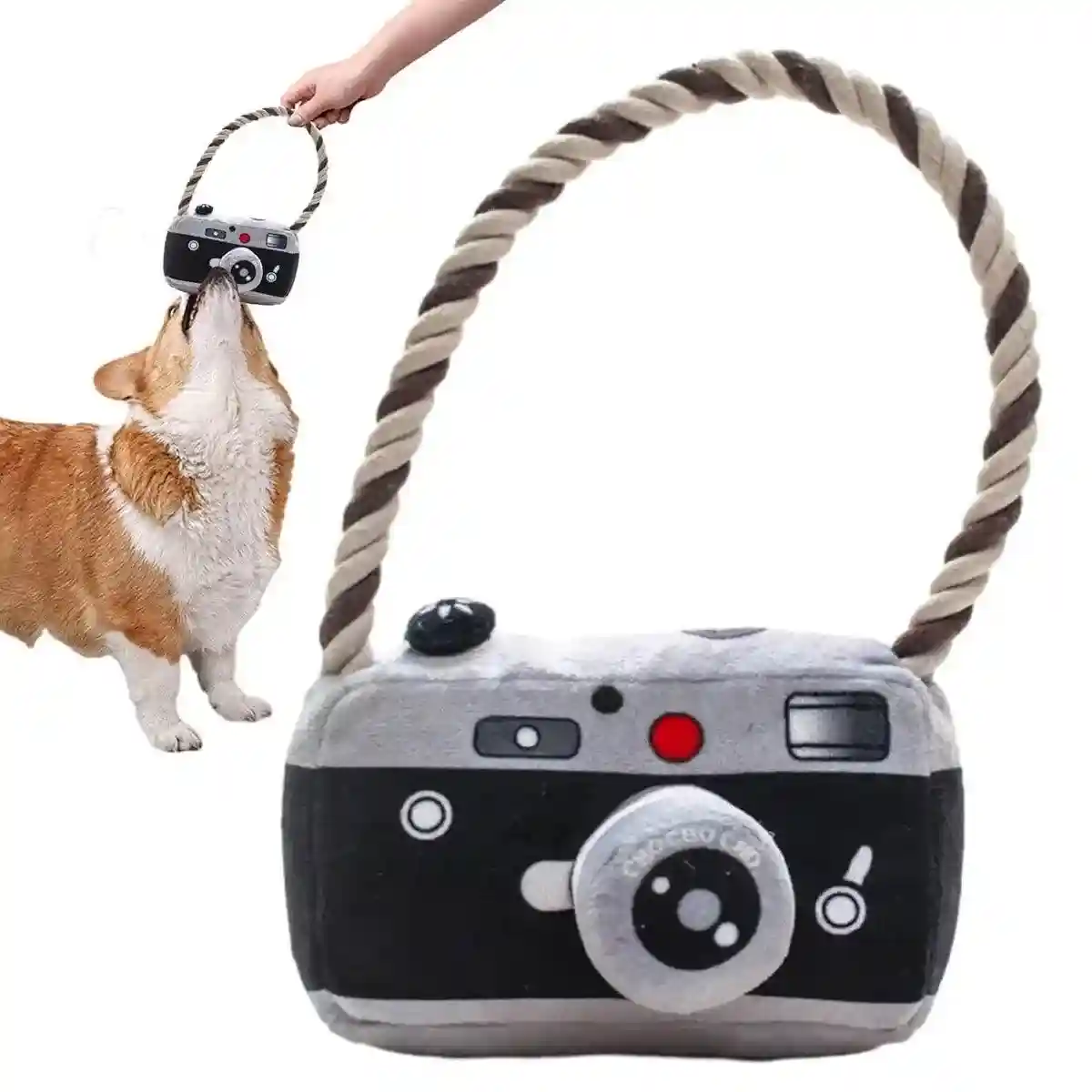Fun Camera-Shaped Plush Dog Toy with Rope Handle for Interactive Play - Image 15