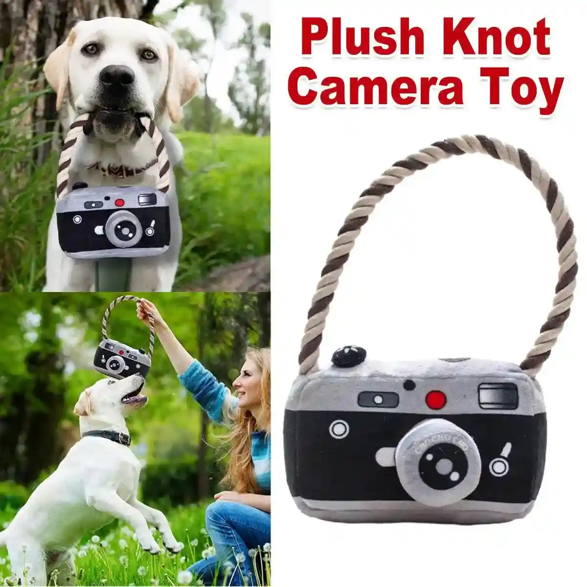 Fun Camera-Shaped Plush Dog Toy with Rope Handle for Interactive Play - Image 2