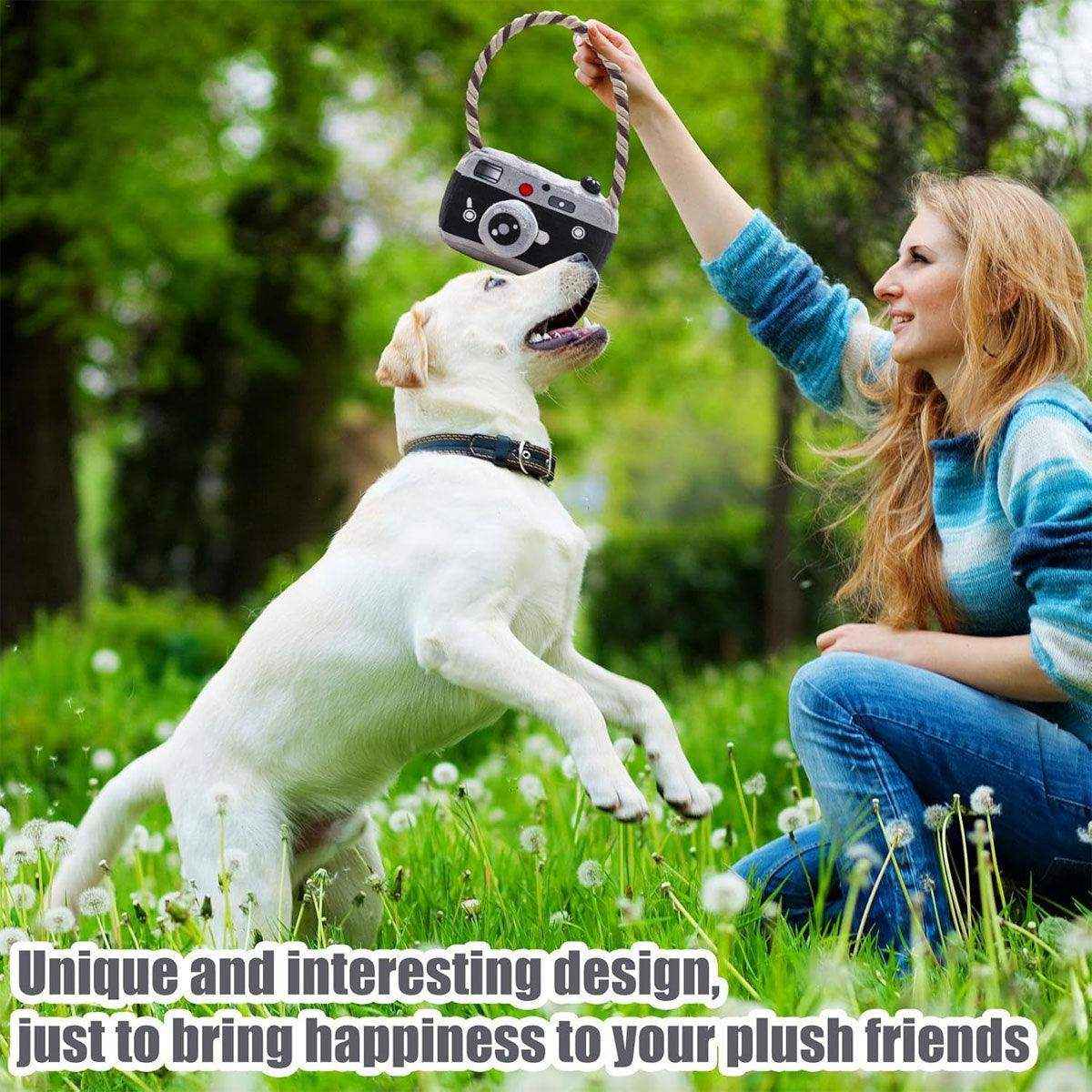 Fun Camera-Shaped Plush Dog Toy with Rope Handle for Interactive Play - Image 4