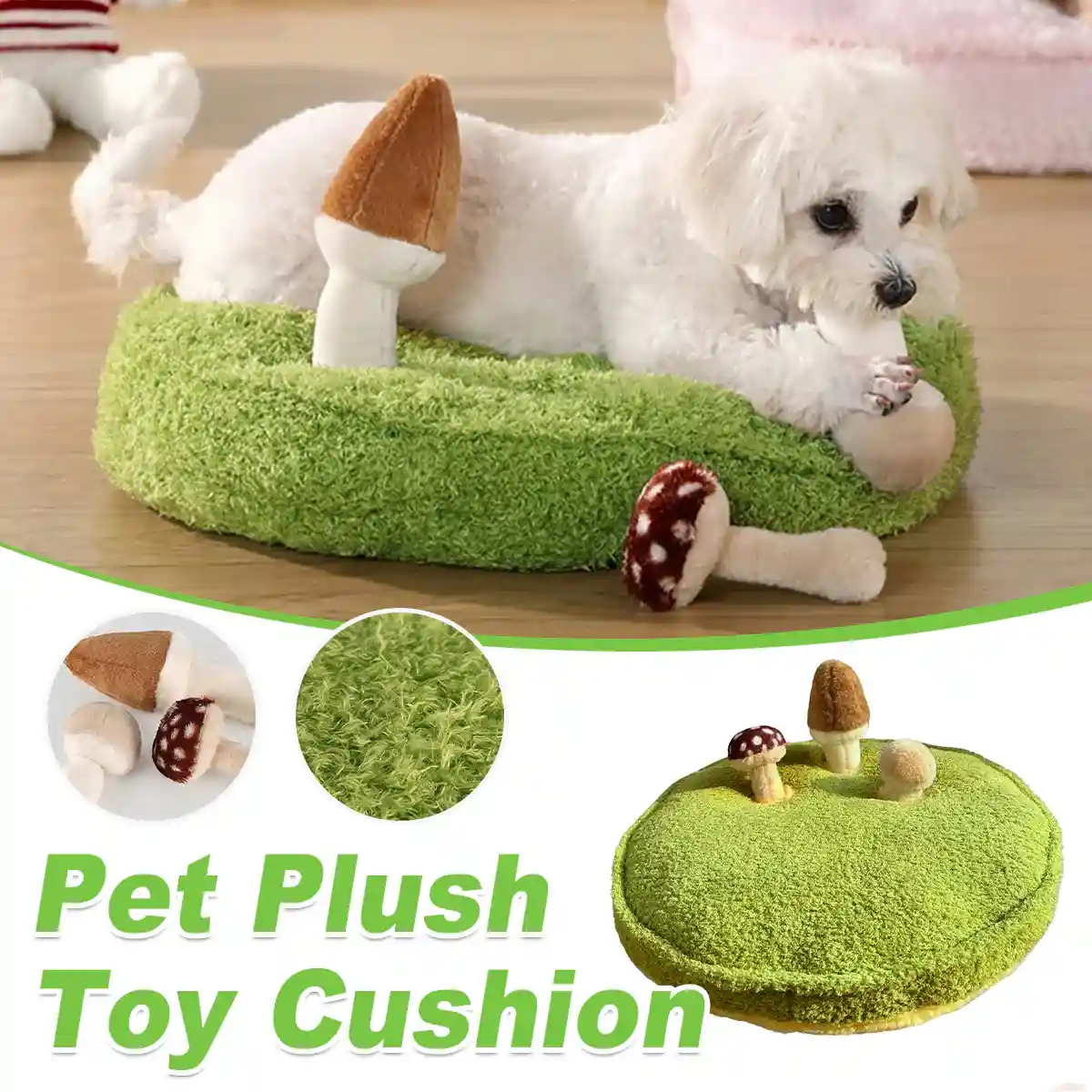 Mushroom Plush Dog Bed with Chew Toys for Small Cats and Dogs