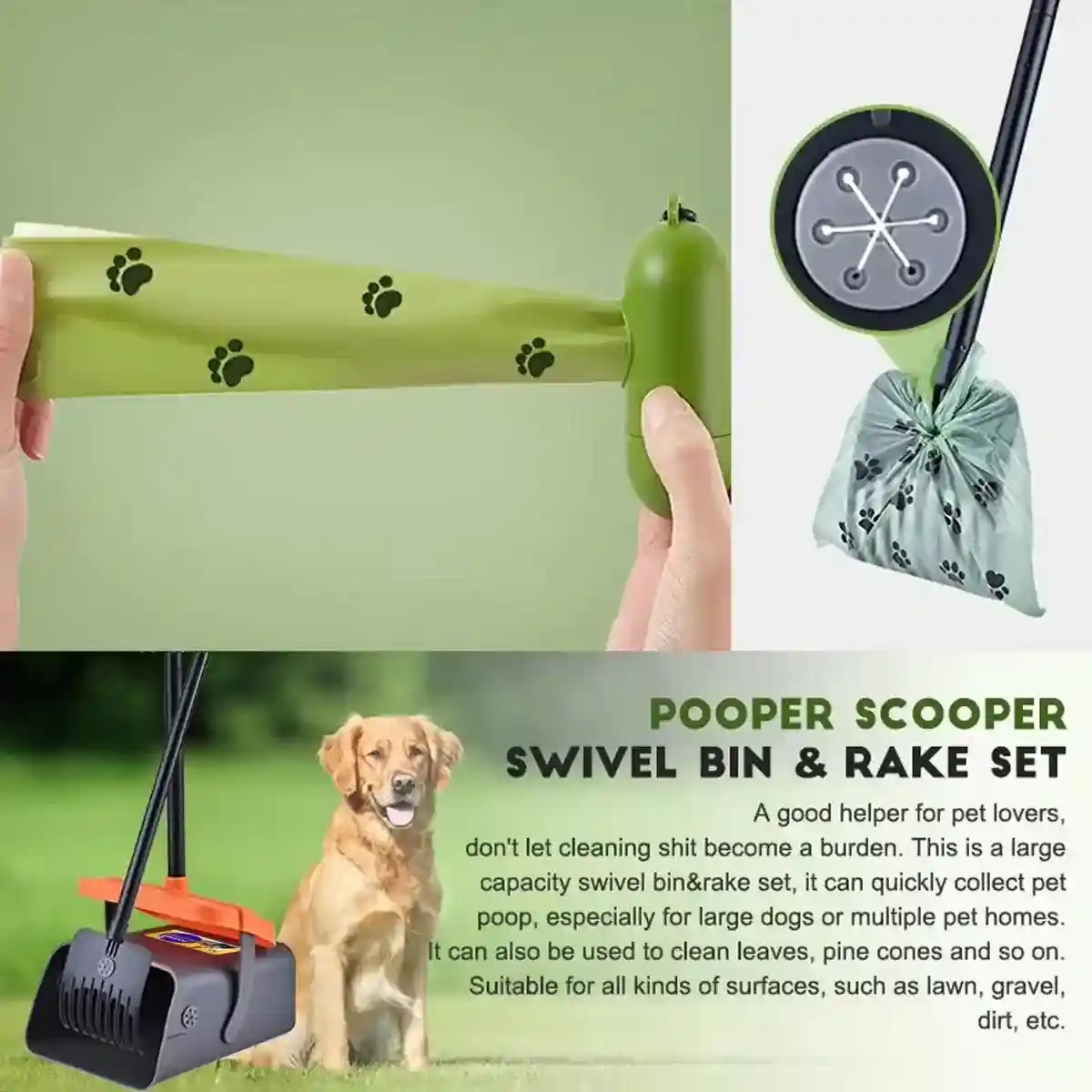 Pooper Scooper Swivel Bin & Rake Set Easy Pet Waste Cleanup with 35 Bags - Image 13