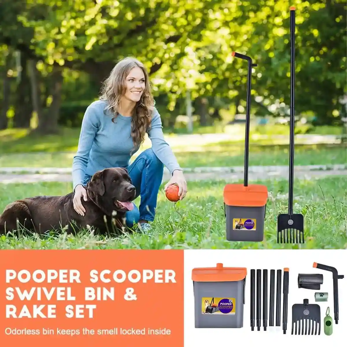 Pooper Scooper Swivel Bin & Rake Set Easy Pet Waste Cleanup with 35 Bags - Image 14