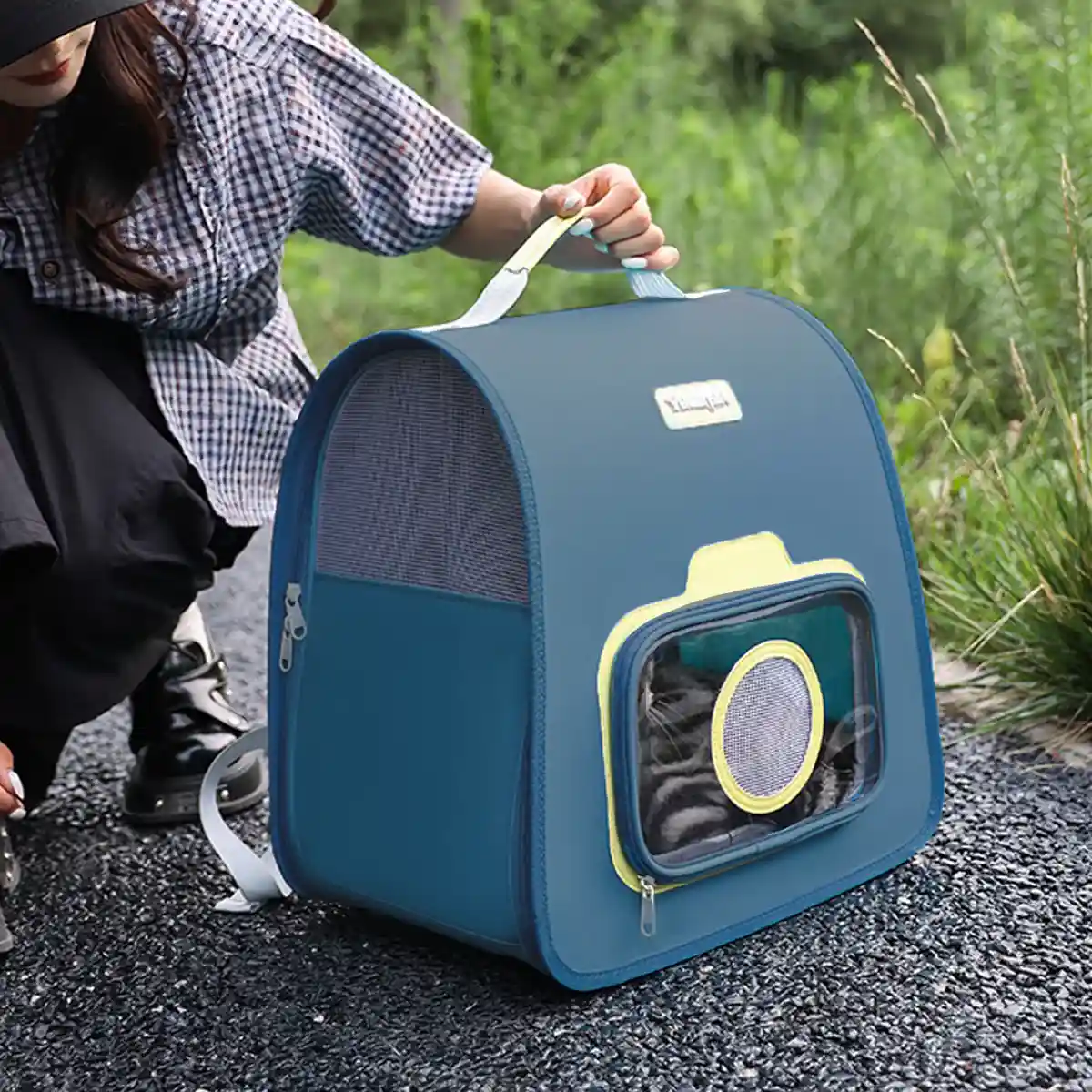 Portable Cat Backpack Blue Nylon Breathable Travel Carrier