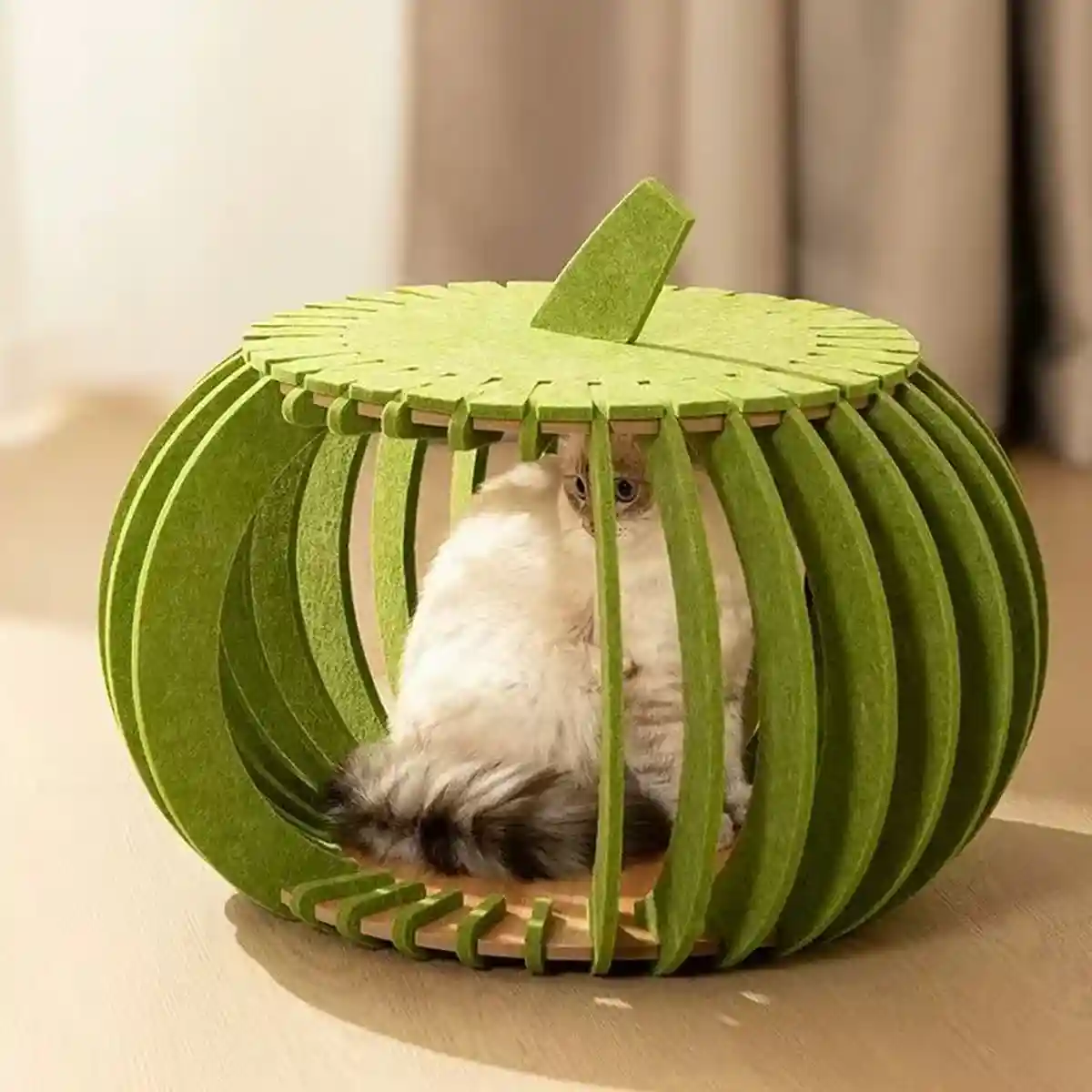 Pumpkin Felt Cat House Bed with Wooden Base 2 Colours - Image 12