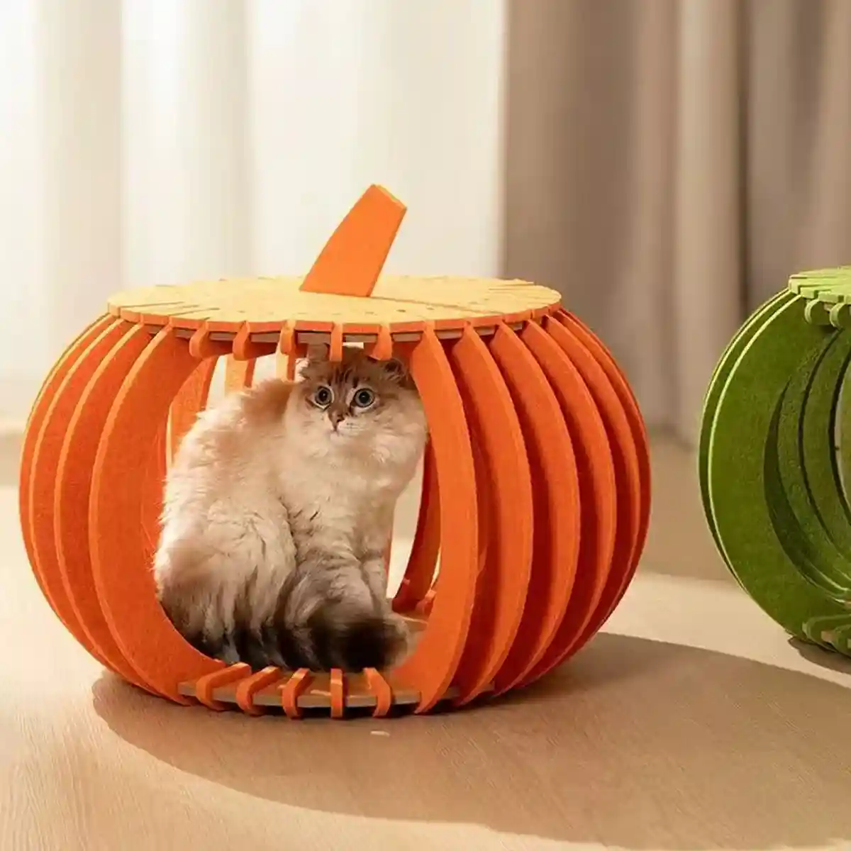 Pumpkin Felt Cat House Bed with Wooden Base 2 Colours - Image 9