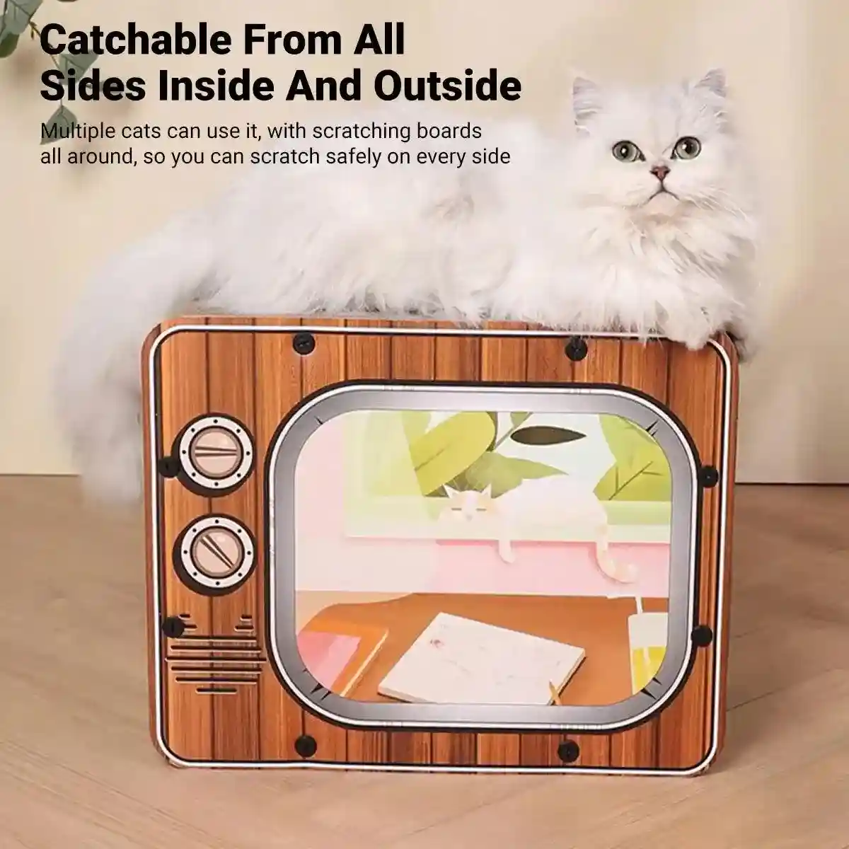 Retro TV Style Lounger with Cardboard Cat Scratcher Nest for Indoor Cats - Image 11