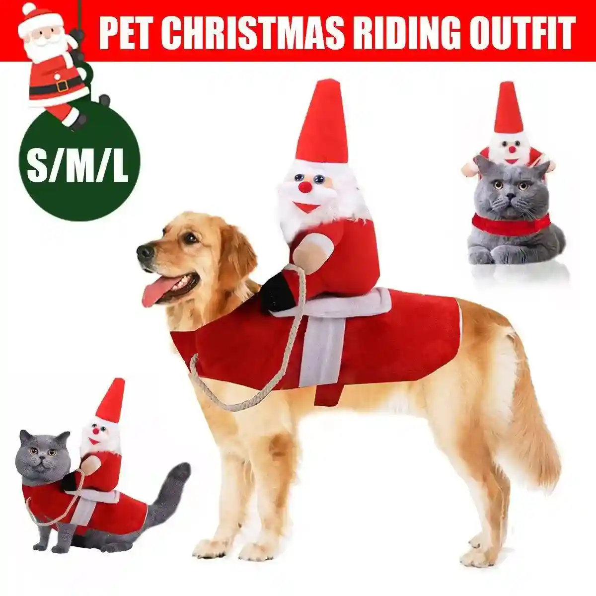 Santa Claus Pet Costume Dog Cat Funny Riding Suit Christmas Holiday Outfit Wear - Image 2