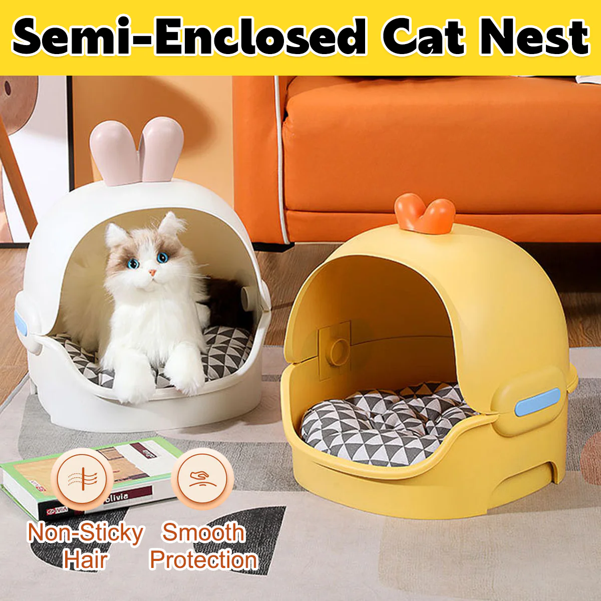 Semi-Enclosed Cat Bed With Cushion Duck Or Rabbit Design