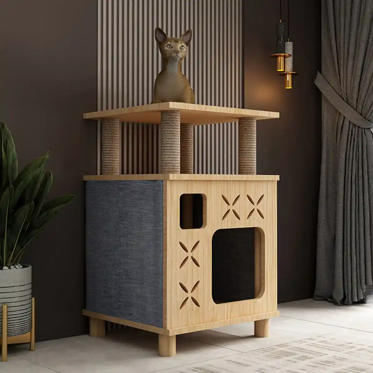 Solid Wood Cat Bed House with Climbing Platform Modern Pet Furniture - Image 3