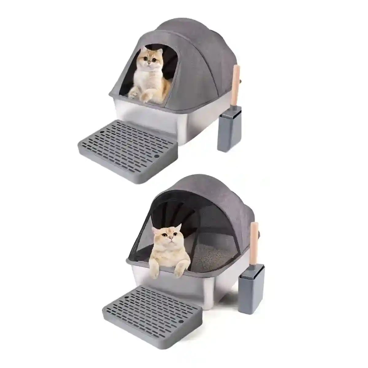Stainless Steel Cat Litter Box with Covered Canopy & Anti-Tracking Mat - Image 2