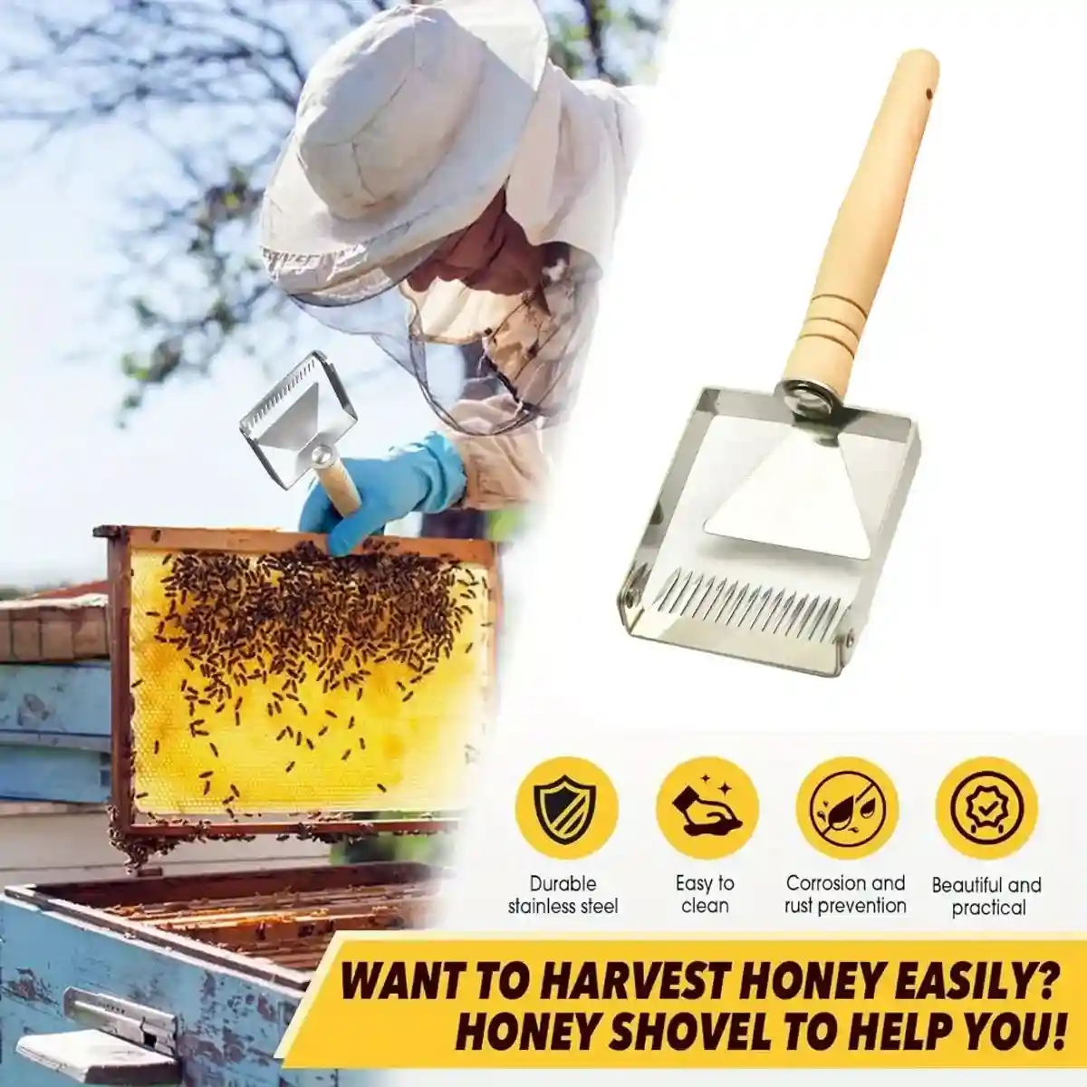Stainless Steel Honey Scraper with 17 Tines and Wooden Handle - Image 4