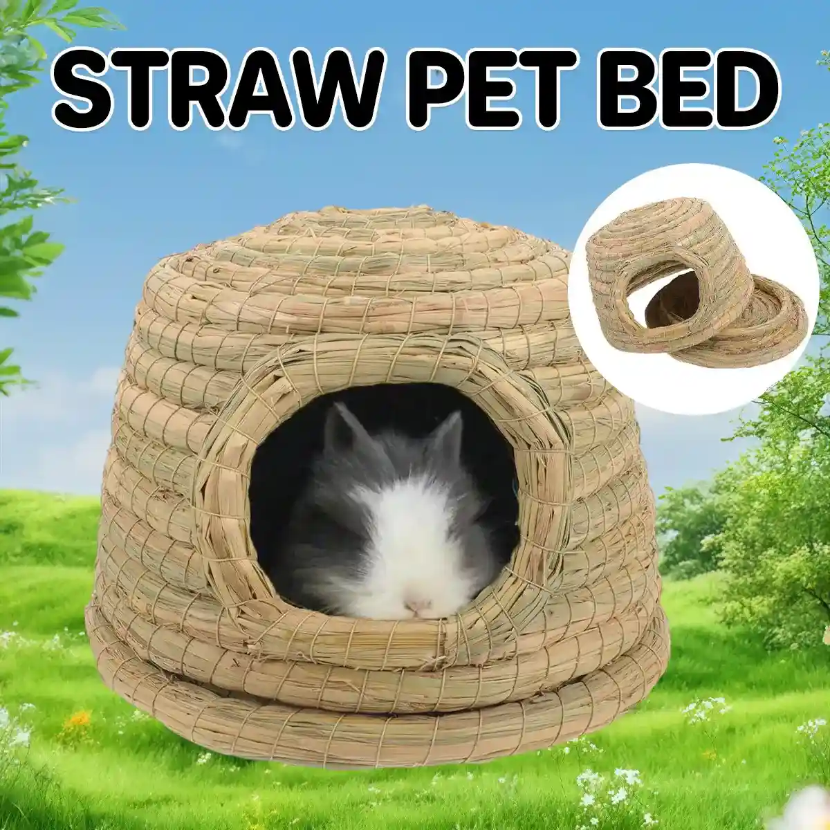 Cozy Straw Rabbit House with Detachable Base for Small Pets