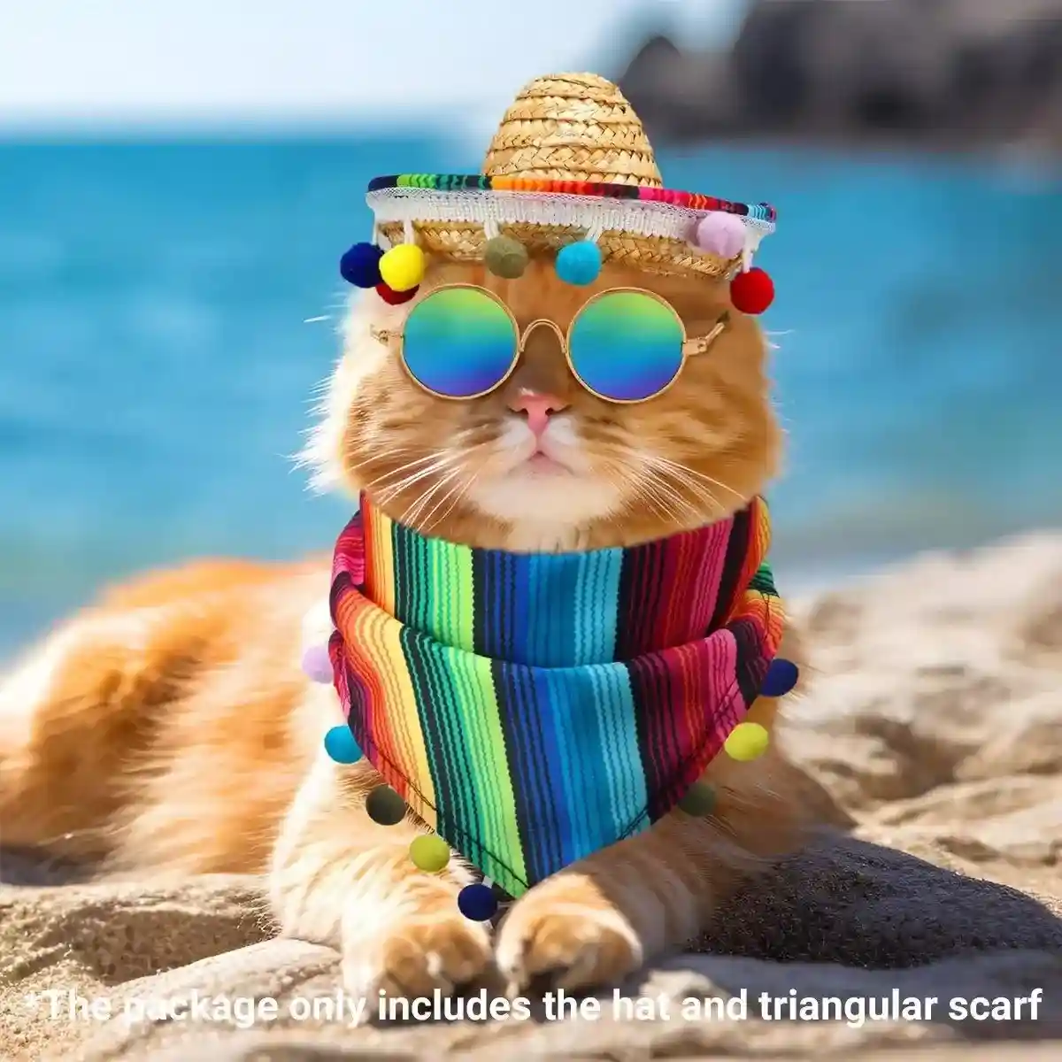 Striped Triangle Pet Towel & Fur Ball Straw Hat Scarf Set, Colorful Pet Accessories - Image 10