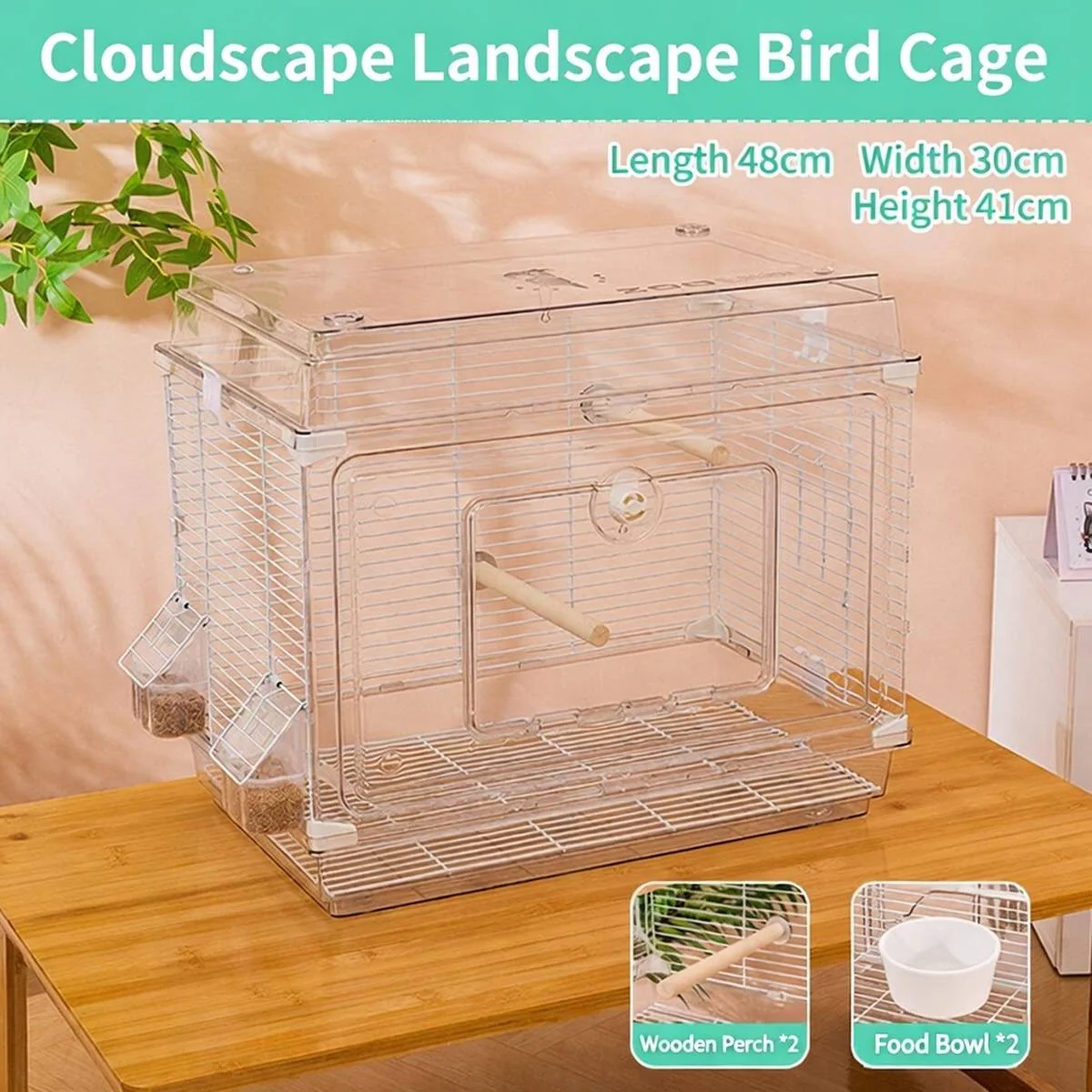 Transparent Bird Cage With Perches And Feeders