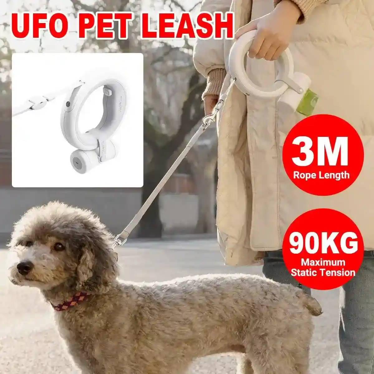UFO Retractable Pet Leash with LED Light 3m Length 90kg Pull Strength - Image 2