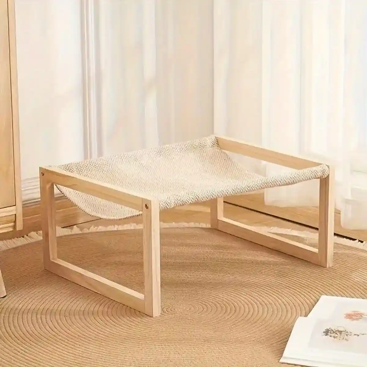 Wooden Cat Bed Elevated Cat Hammock with Breathable Linen Fabric - Image 10