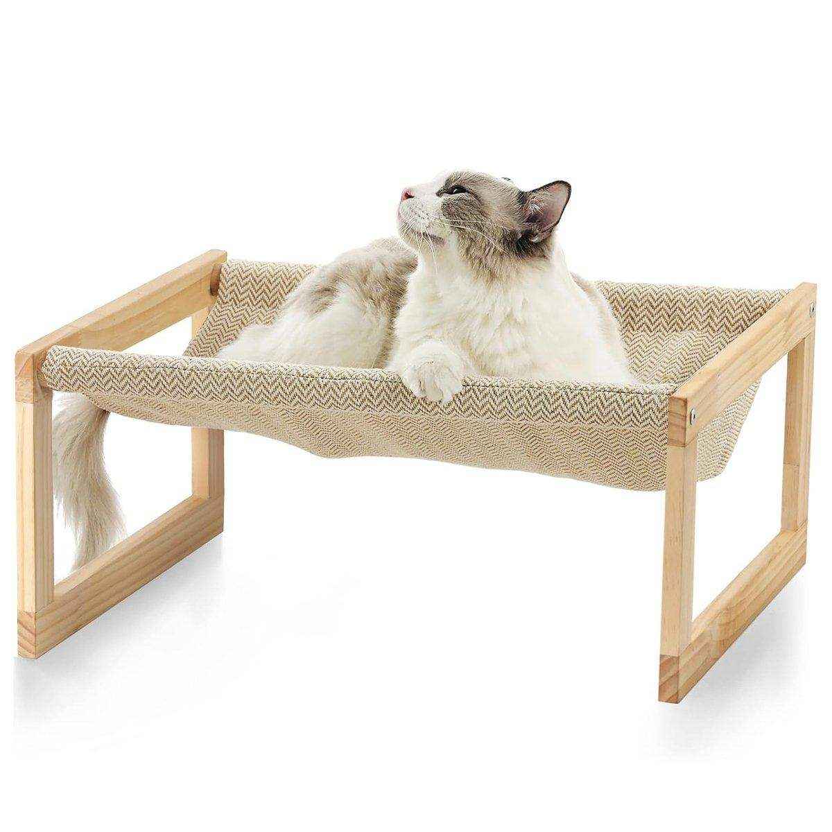 Wooden Cat Bed Elevated Cat Hammock with Breathable Linen Fabric - Image 4