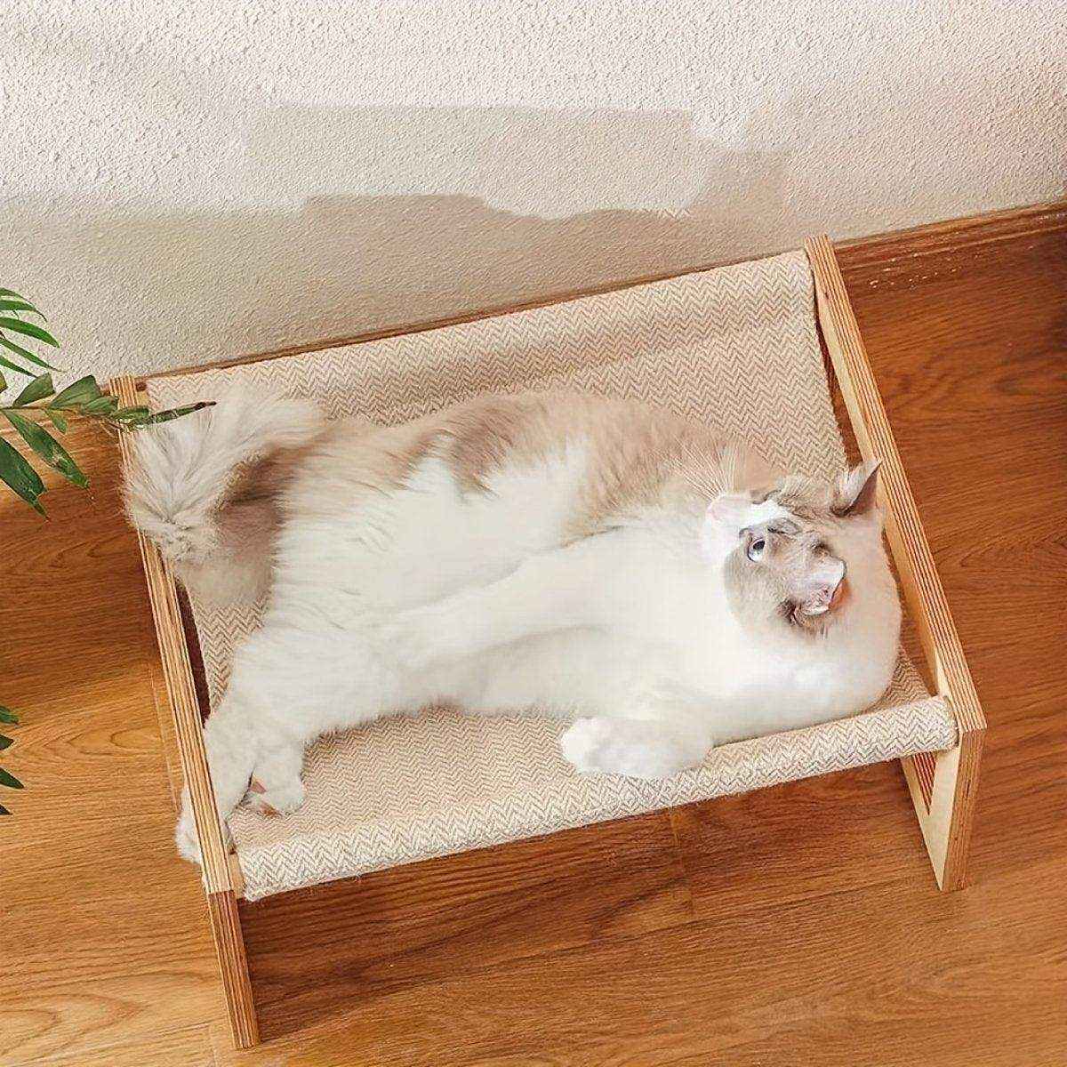 Wooden Cat Bed Elevated Cat Hammock with Breathable Linen Fabric - Image 9