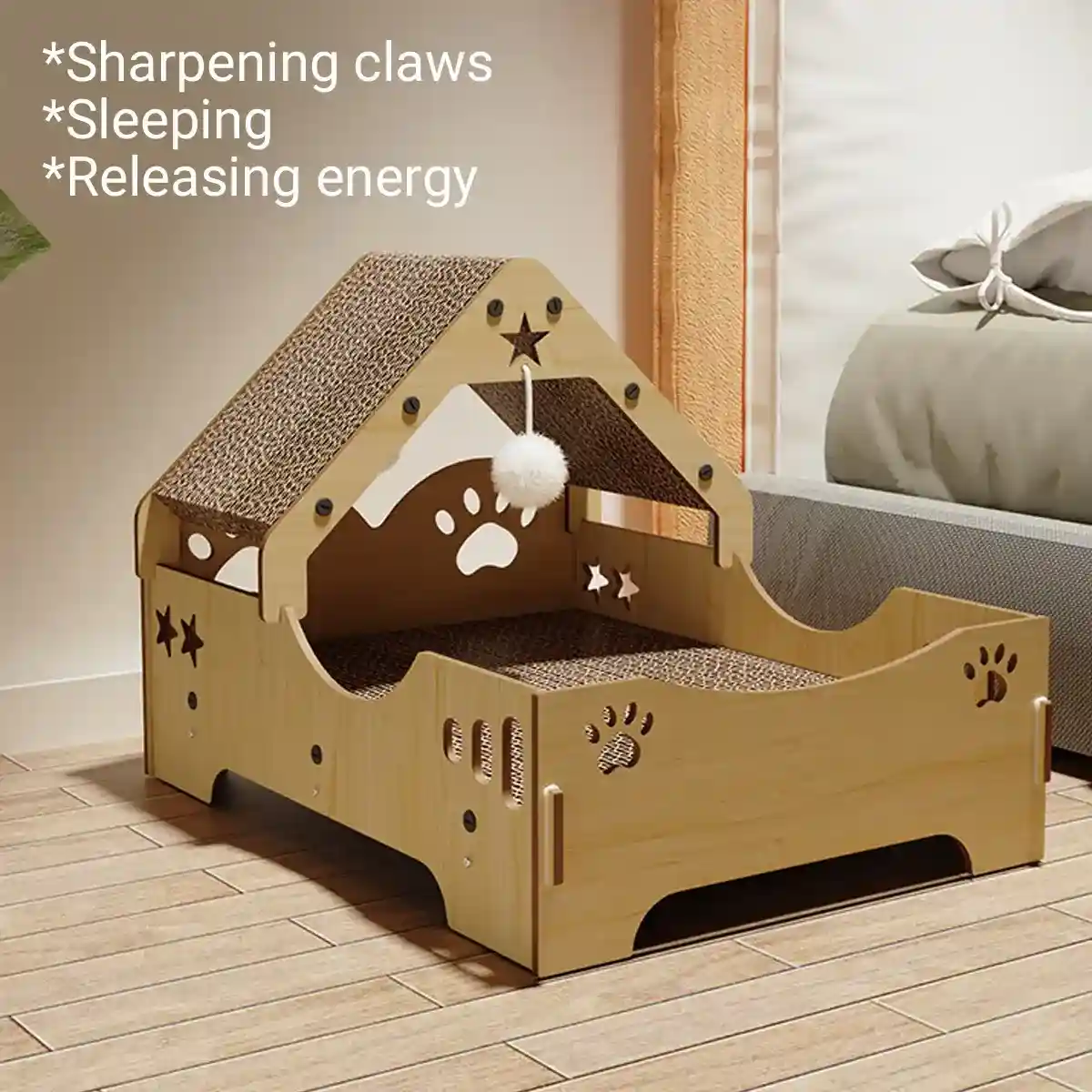 Wooden Cat Scratching Bed with Toy Durable Claw-Friendly Cat Lounge - Image 7