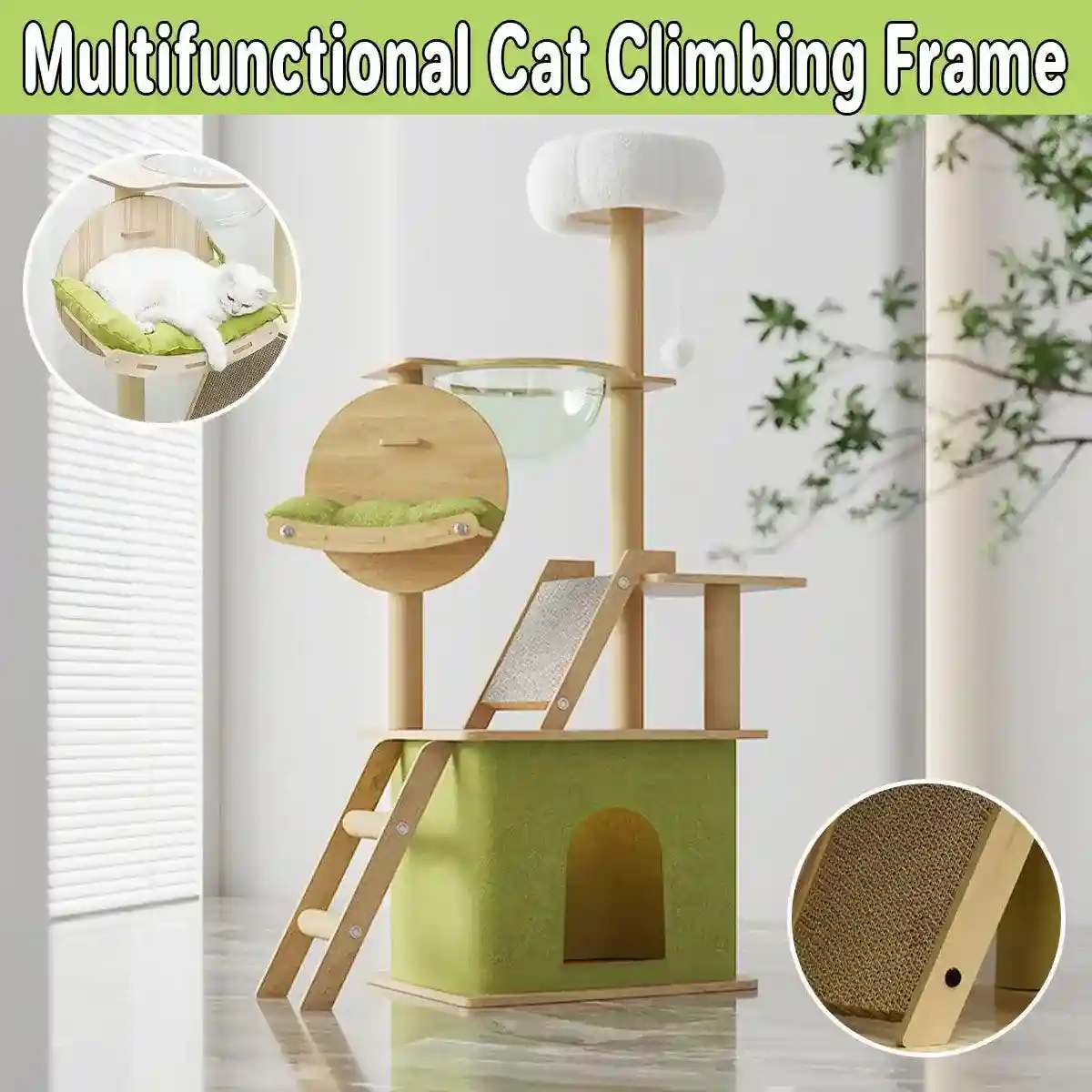 Stylish Wooden Cat Tower with Lounge Capsule and Scratching Ramp