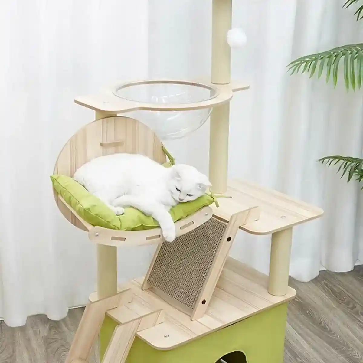 Stylish Wooden Cat Tower with Lounge Capsule and Scratching Ramp - Image 15