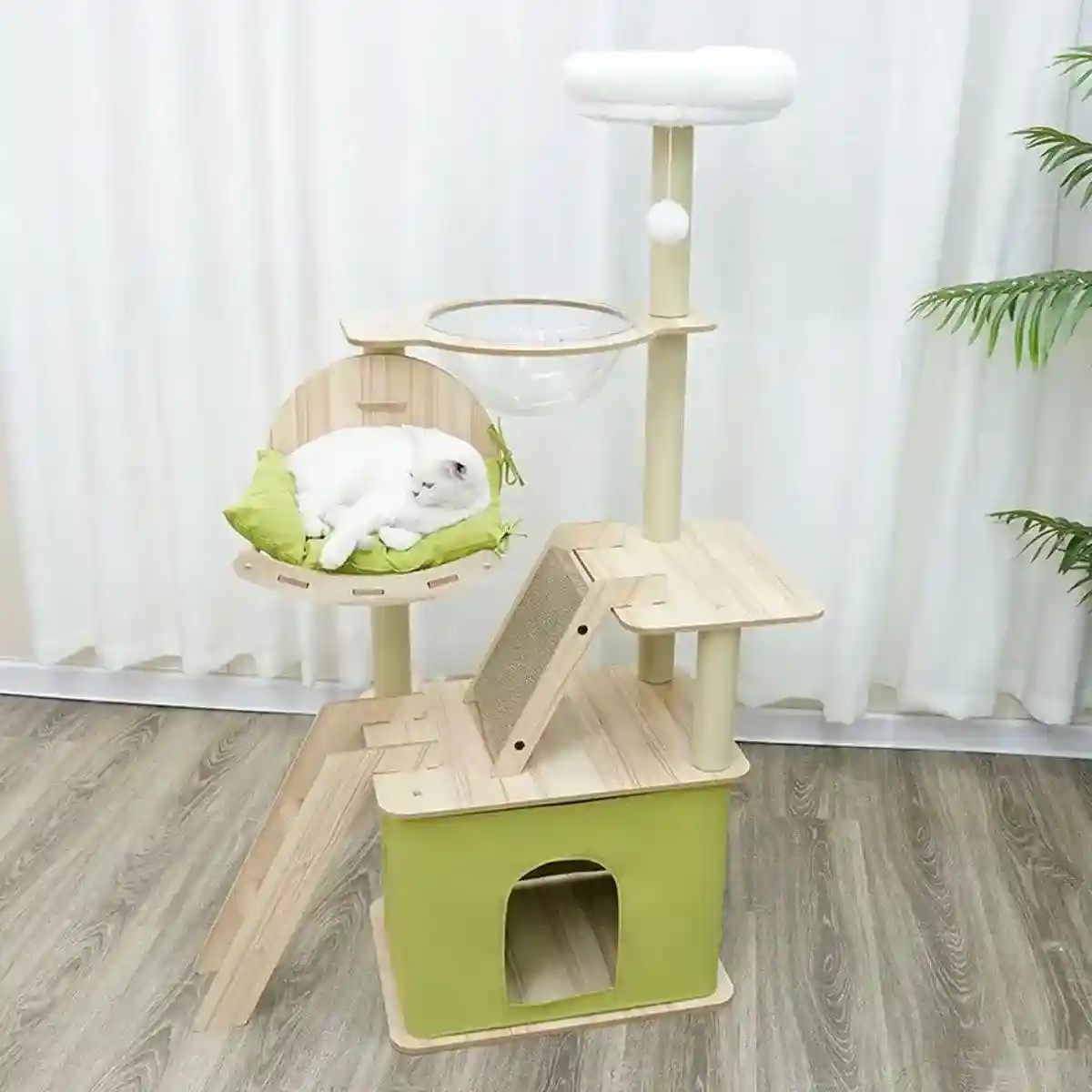 Stylish Wooden Cat Tower with Lounge Capsule and Scratching Ramp - Image 4