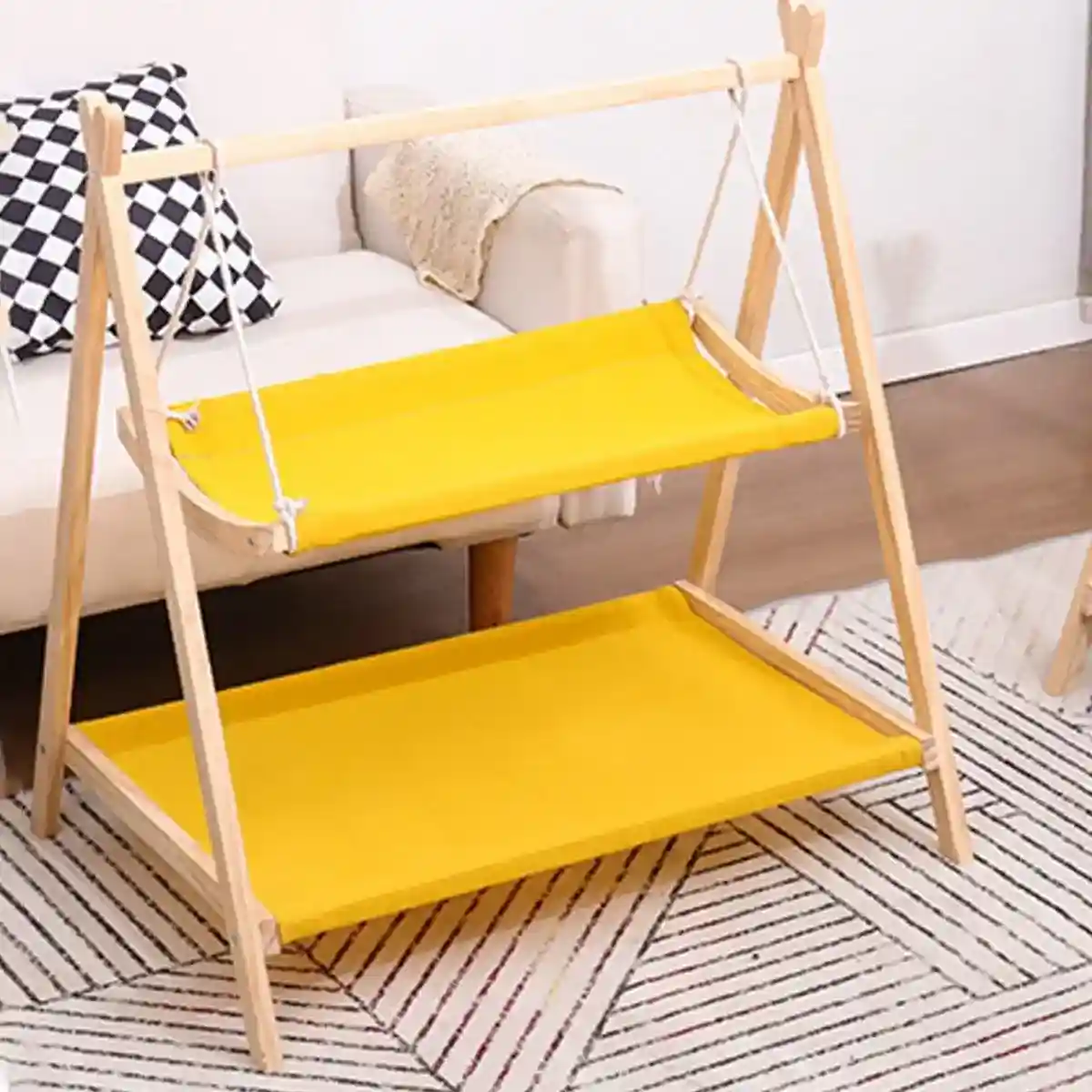 Wooden Double Layer Cat Hammock Bed Removable Washable Pet Swing Basket Nest - Image 10