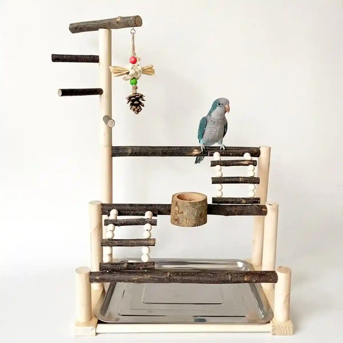Wooden Parrot Stand Pole Interactive Bird Stand with Food Bowl - Image 4
