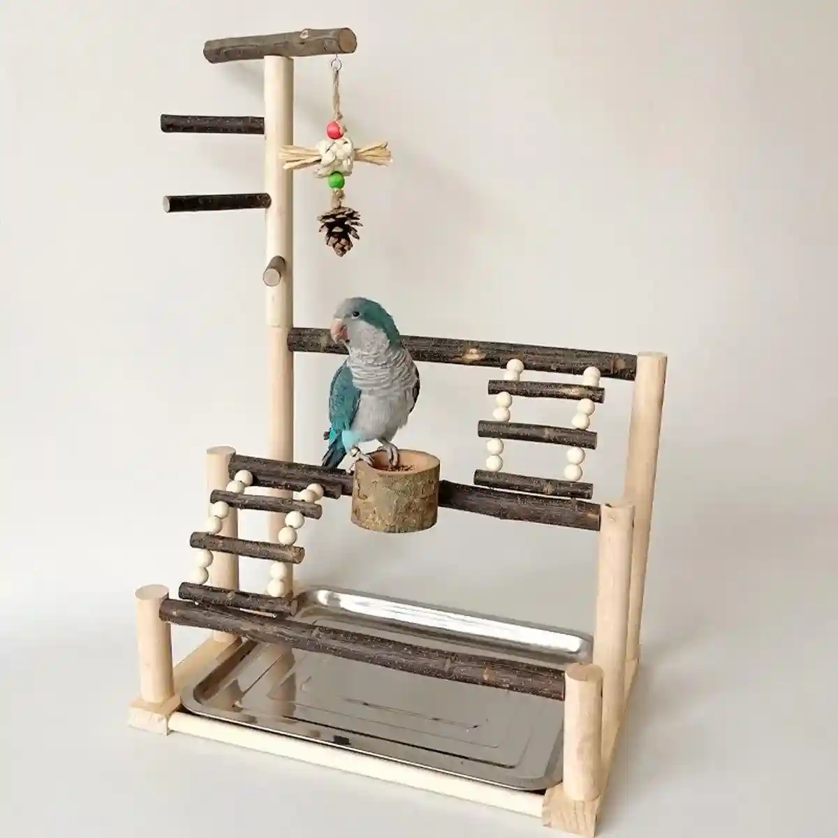 Wooden Parrot Stand Pole Interactive Bird Stand with Food Bowl - Image 6