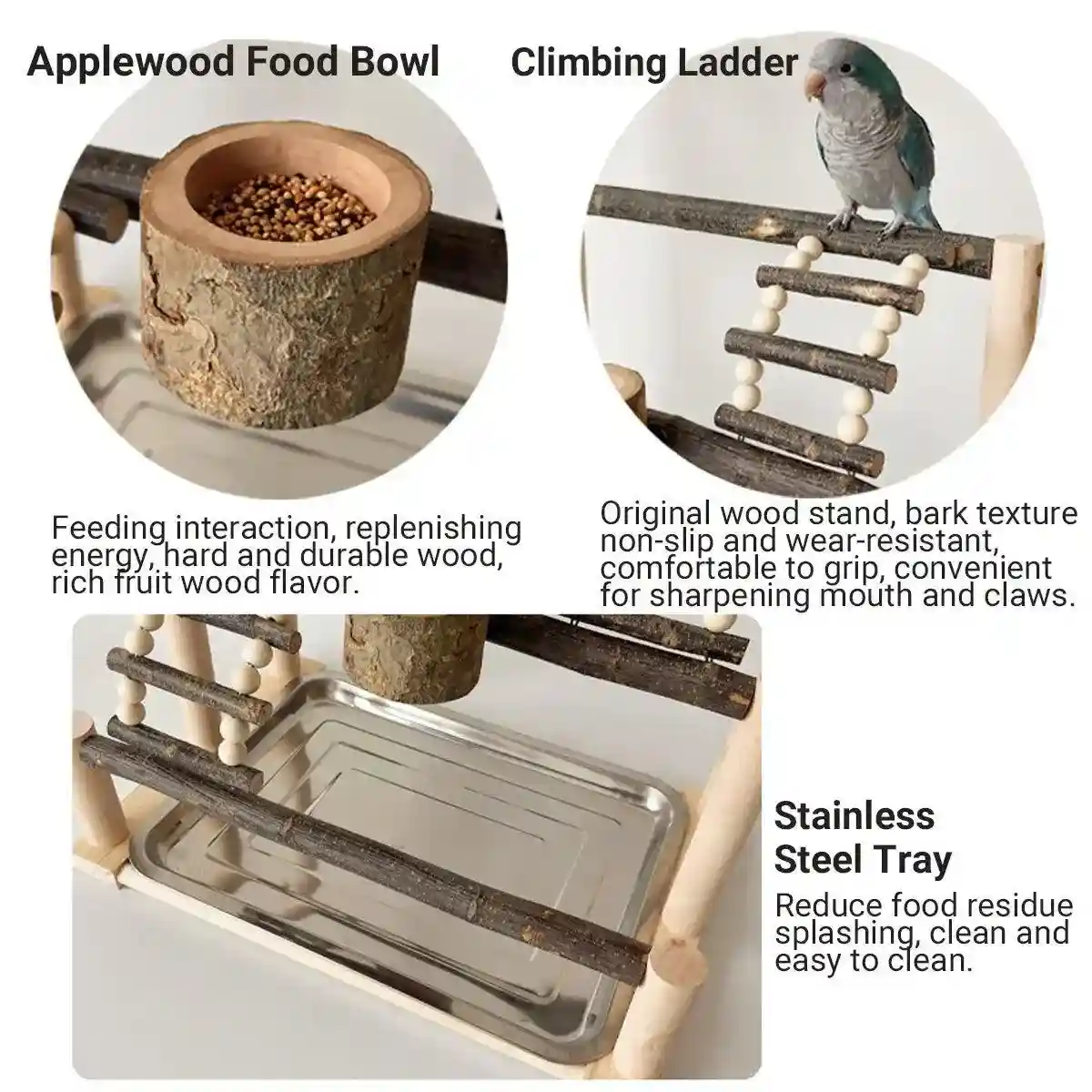 Wooden Parrot Stand Pole Interactive Bird Stand with Food Bowl - Image 7