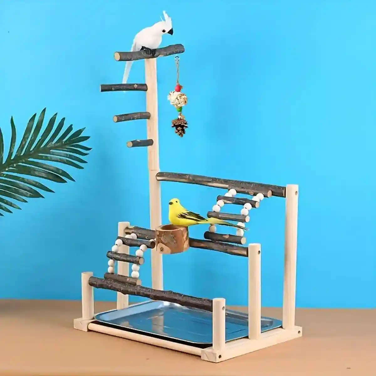 Wooden Parrot Stand Pole Interactive Bird Stand with Food Bowl - Image 8
