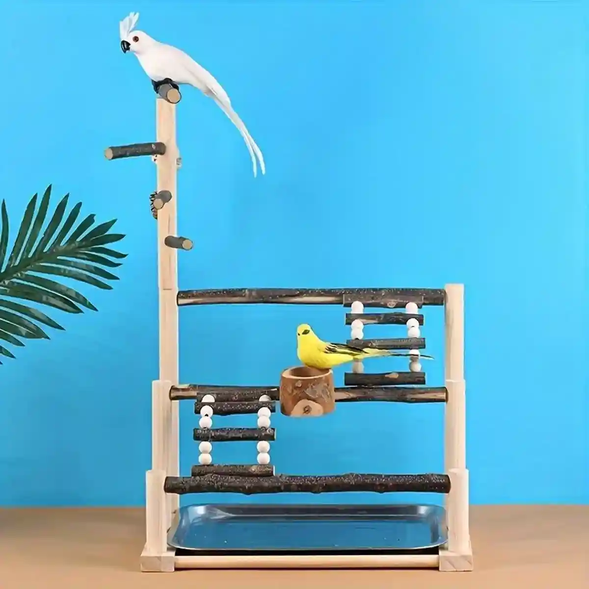 Wooden Parrot Stand Pole Interactive Bird Stand with Food Bowl - Image 9