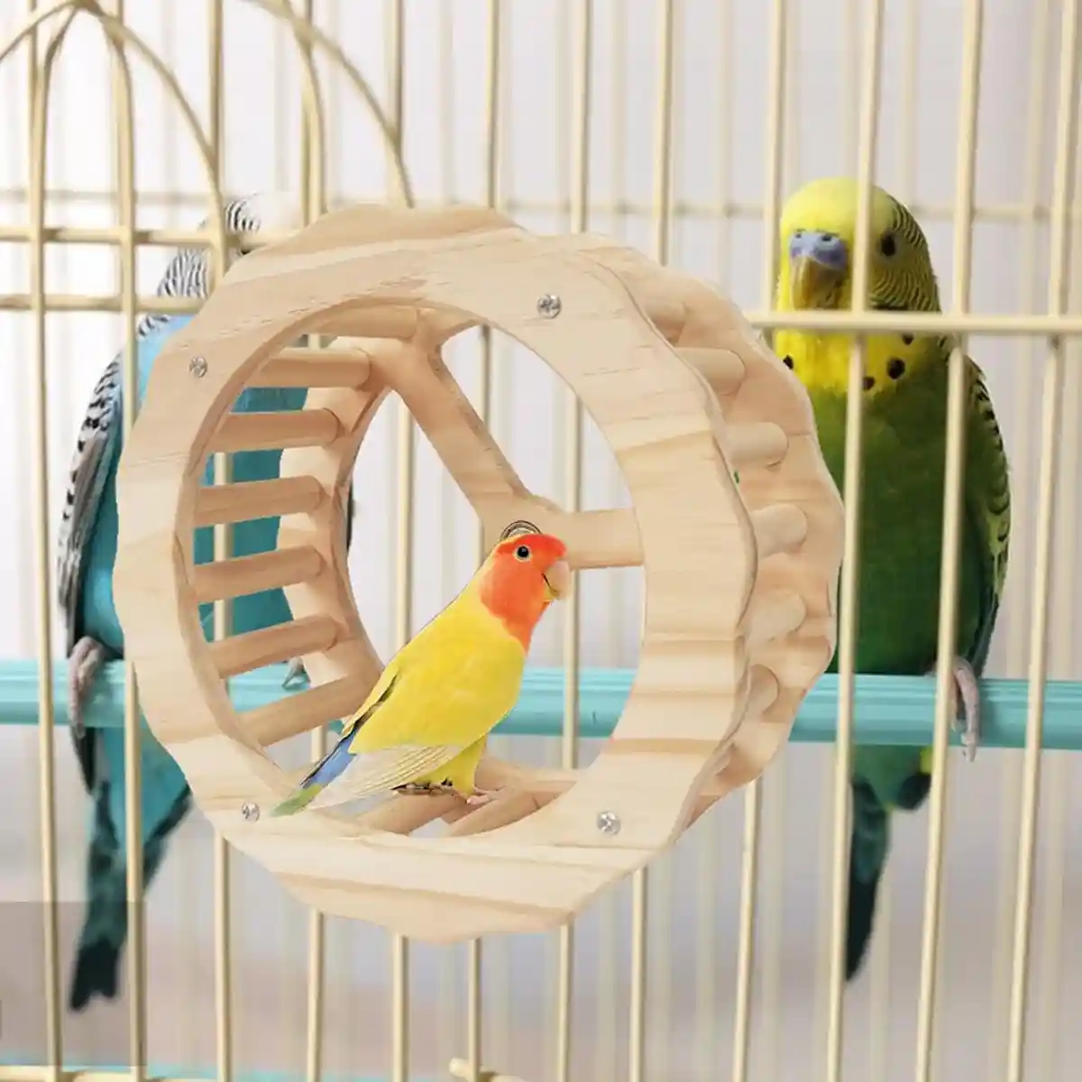 Wooden Parrot Toy Set with Spinning Wheel & Rocker for Cage Mounting - Image 7