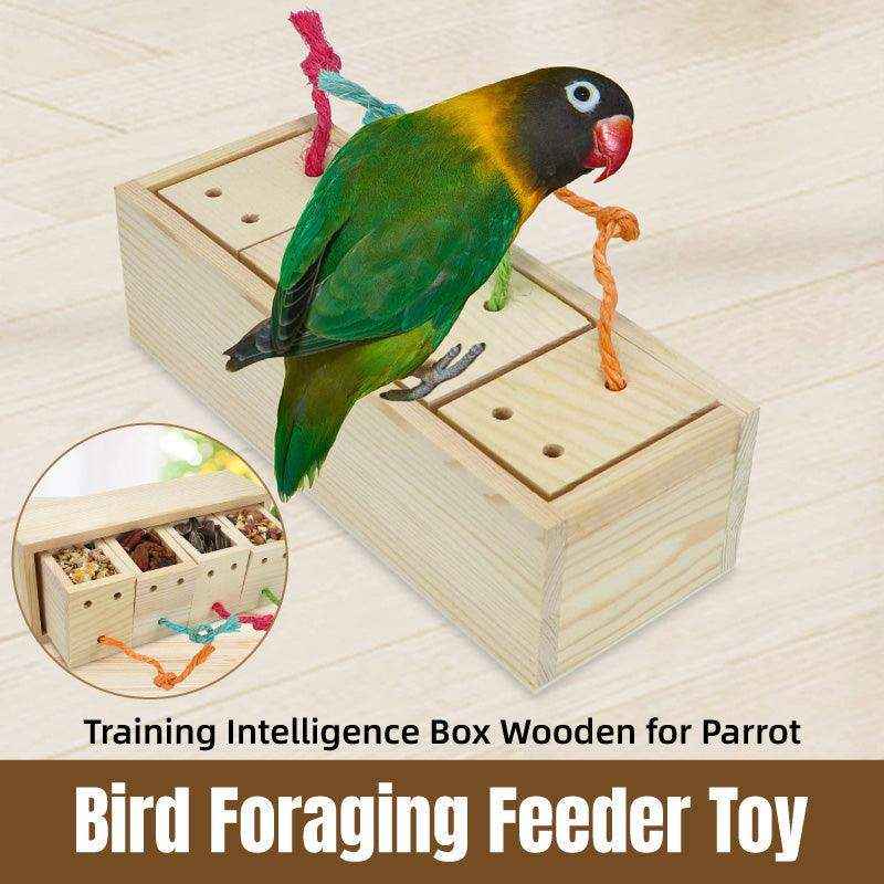 Wooden Parrot Foraging Toy Box with Drawers and Ropes